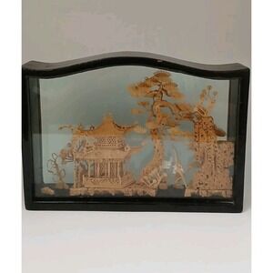 Vintage Diorama Art Glass Framed Chinese 3D Pagoda Crane Shadow Box Read Descrip